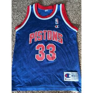 Champion Pistons #33 HILL Basketball Jersey Blue Red Medium EUC